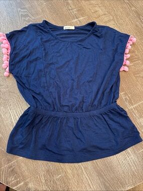 LAmade Navy Peplum Top with Pink Pom Sleeve Detail